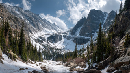A photograph of Rocky Mountains wilderness 360 with rocky mountain glacier valley, pine covered...