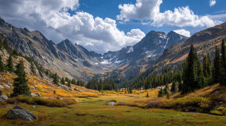 A photograph of Rocky Mountains wilderness with rocky mountain valley, high altitude meadow flowers,...