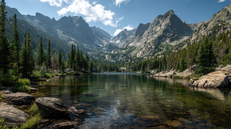 A photograph of Rocky Mountains wilderness with rocky mountain lake surrounded by peaks, rocky...