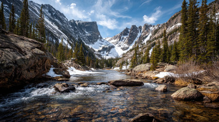 A photograph of Rocky Mountains wilderness 365 with rocky mountain ridge overlooking valley,...