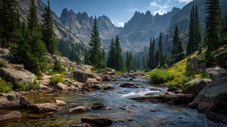 A photograph of Rocky Mountains wilderness with rocky mountain peaks above clouds, clear mountain...