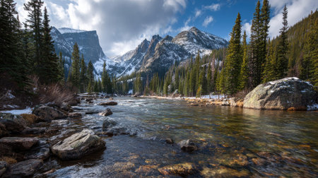 A photograph of Rocky Mountains wilderness 379 with rocky mountain river valley, conifer forest...