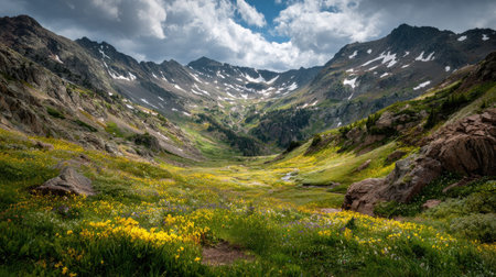 A photograph of Rocky Mountains wilderness 477 with rocky mountain glacier valley, high altitude...