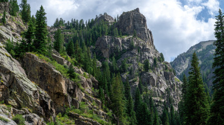 A photograph of Rocky Mountains wilderness 416 with rocky mountain cliffside landscape, rocky...