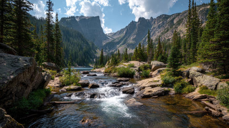 A photograph of Rocky Mountains wilderness 410 with rocky mountain range panorama, mountain stream...
