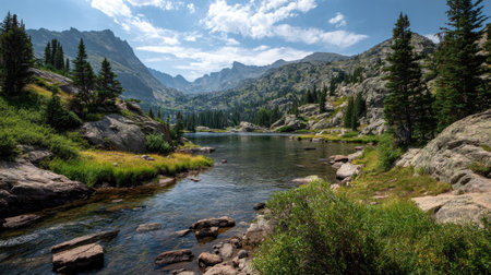 A photograph of Rocky Mountains wilderness 434 with rocky mountain lake shoreline, wild mountain...