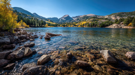 A photograph of Rocky Mountains wilderness 248 with rocky mountain lake shoreline, rocky mountain...