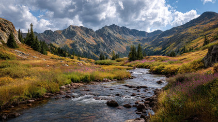 A photograph of Rocky Mountains wilderness 147 with rocky mountain river valley, alpine wildflower meadows, rocky mountain golden autumn, ultra realistic landscape photography, wide angle lens, natural colors, clean composition, no peopleの写真素材