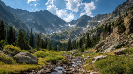 A photograph of Rocky Mountains wilderness 119 with rocky mountain canyon valley, glacial moraine...