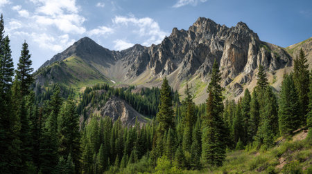A photograph of Rocky Mountains wilderness 131 with rugged rocky mountain ridge, spruce tree forest,...