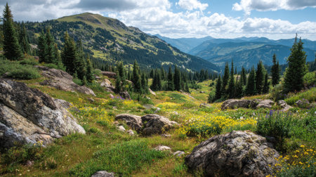 A photograph of Rocky Mountains wilderness 137 with rocky mountain forest valley, alpine wildflower...