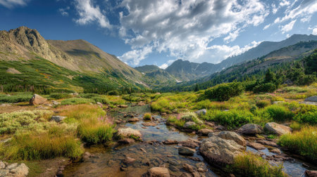A photograph of Rocky Mountains wilderness with rocky mountain range panorama, wild mountain herbs,...