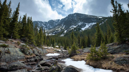 A photograph of Rocky Mountains wilderness 199 with rocky mountain alpine pass, fir tree groves, rocky mountain spring thaw, ultra realistic landscape photography, wide angle lens, natural colors, clean composition, no peopleの写真素材