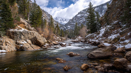 A photograph of Rocky Mountains wilderness 244 with rocky mountain river valley, mountain stream...
