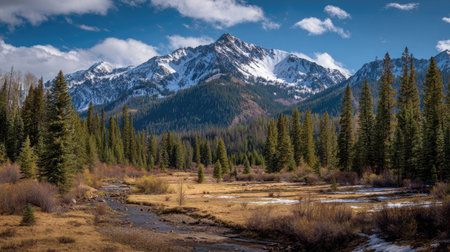 A photograph of Rocky Mountains wilderness 253 with rocky mountain wilderness valley, dense pine...