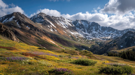 A photograph of Rocky Mountains wilderness with rocky mountain wilderness ridge, high altitude...