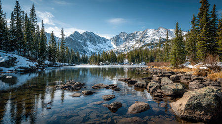 A photograph of Rocky Mountains wilderness 391 with rocky mountain lake shoreline, rocky mountain...