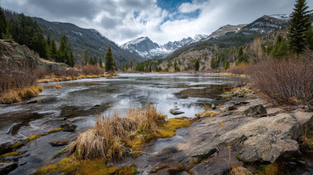 A photograph of Rocky Mountains wilderness 277 with rocky mountain lake shoreline, rocky mountain moss, rocky mountain spring thaw, ultra realistic landscape photography, wide angle lens, natural colors, clean composition, no peopleの写真素材