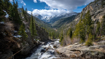 A photograph of Rocky Mountains wilderness with rocky mountain valley viewpoint, rocky mountain...