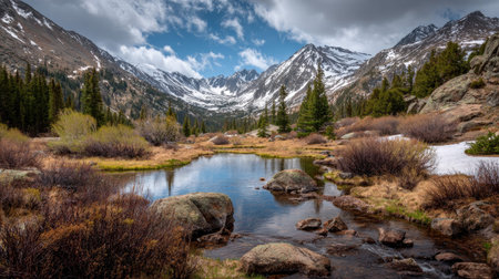 A photograph of Rocky Mountains wilderness 186 with rocky mountain lake basin, wild mountain shrubs,...