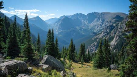 A photograph of Rocky Mountains wilderness 442 with rocky mountain basin landscape, conifer forest...
