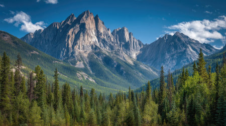 A photograph of Rocky Mountains wilderness 478 with towering rocky mountain peaks, spruce tree...