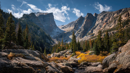A photograph of Rocky Mountains wilderness with towering rocky mountain peaks, granite mountain...