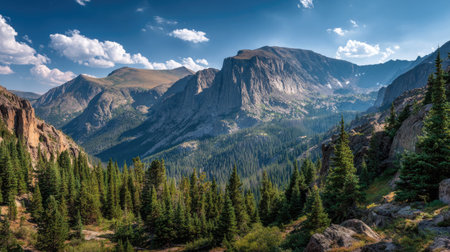 A photograph of Rocky Mountains wilderness 40 with rocky mountain range panorama, pine covered...