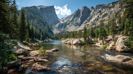 A photograph of Rocky Mountains wilderness 151 with towering rocky mountain peaks, glacial lake...