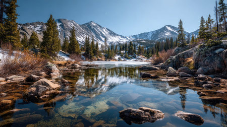 A photograph of Rocky Mountains wilderness 155 with glacial rocky mountain lake, rocky mountain lake...