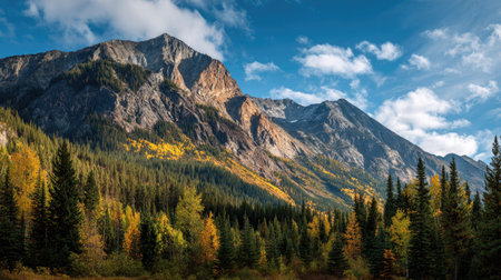 A photograph of Rocky Mountains wilderness 141 with rocky mountain cliffside landscape, fir tree...