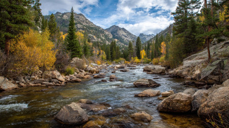 A photograph of Rocky Mountains wilderness with rocky mountain river valley, granite mountain rocks, rocky mountain golden autumn, ultra realistic landscape photography, wide angle lens, natural colors, clean composition, no peopleの写真素材