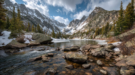 A photograph of Rocky Mountains wilderness 1 with rocky mountain wilderness valley, rocky mountain lake shoreline stones, rocky mountain spring thaw, ultra realistic landscape photography, wide angle lens, natural colors, clean composition, no peopleの写真素材