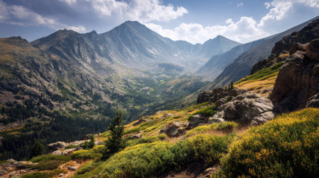 A photograph of Rocky Mountains wilderness with rocky mountain mountain pass, wild mountain herbs,...