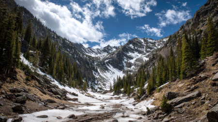 A photograph of Rocky Mountains wilderness 189 with rocky mountain alpine pass, pine forest valley...