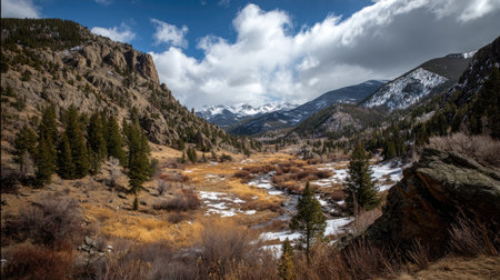 A photograph of Rocky Mountains wilderness 215 with rocky mountain canyon valley, rocky mountain...