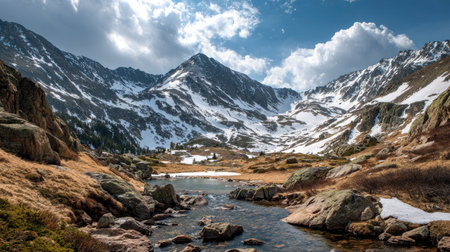 A photograph of Rocky Mountains wilderness 229 with rocky mountain alpine valley, rocky alpine terrain, rocky mountain spring thaw, ultra realistic landscape photography, wide angle lens, natural colors, clean composition, no peopleの写真素材