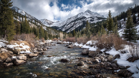 A photograph of Rocky Mountains wilderness 244 with rocky mountain river valley, mountain stream...