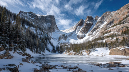 A photograph of Rocky Mountains wilderness 385 with rocky mountain lake basin, glacial moraine...