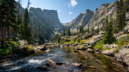 A photograph of Rocky Mountains wilderness with rocky mountain cliffside landscape, clear mountain...