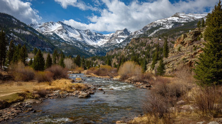 A photograph of Rocky Mountains wilderness 379 with rocky mountain river valley, conifer forest...