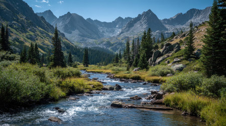 A photograph of Rocky Mountains wilderness with rocky mountain river valley, high alpine vegetation,...