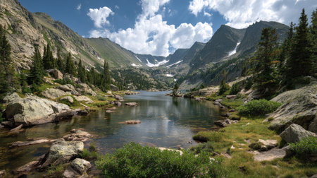 A photograph of Rocky Mountains wilderness 357 with rocky mountain lake basin, wild mountain berry...