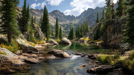 A photograph of Rocky Mountains wilderness 489 with glacial rocky mountain lake, rocky mountain...