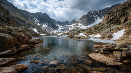 A photograph of Rocky Mountains wilderness 415 with rocky mountain alpine basin, glacial lake water,...