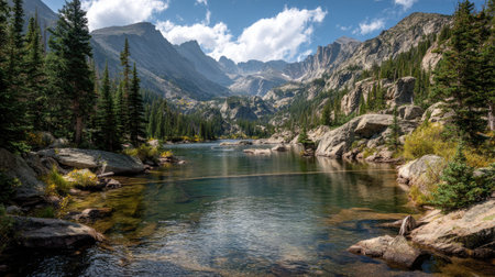 A photograph of Rocky Mountains wilderness with rocky mountain lake surrounded by peaks, rocky...