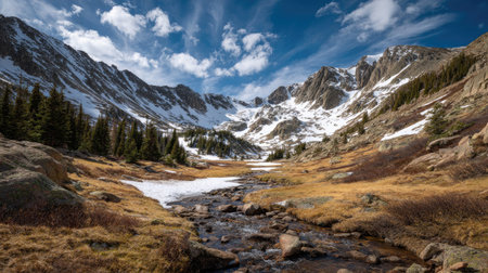 A photograph of Rocky Mountains wilderness 403 with rocky mountain valley panorama, high alpine...