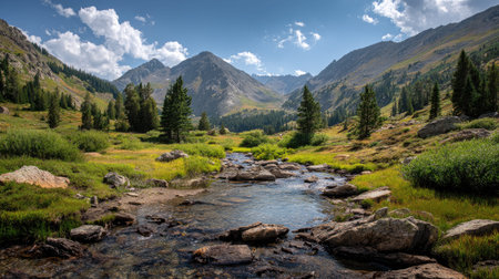 A photograph of Rocky Mountains wilderness with rocky mountain alpine valley, rocky mountain...