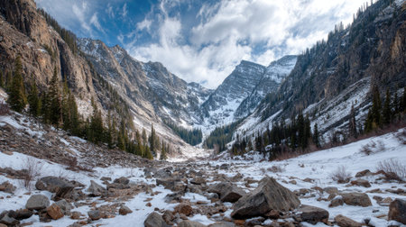 A photograph of Rocky Mountains wilderness 499 with rocky mountain mountain slopes, glacial moraine...