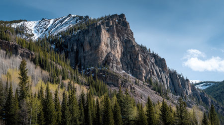 A photograph of Rocky Mountains wilderness 418 with rocky mountain cliffside landscape, fir tree...